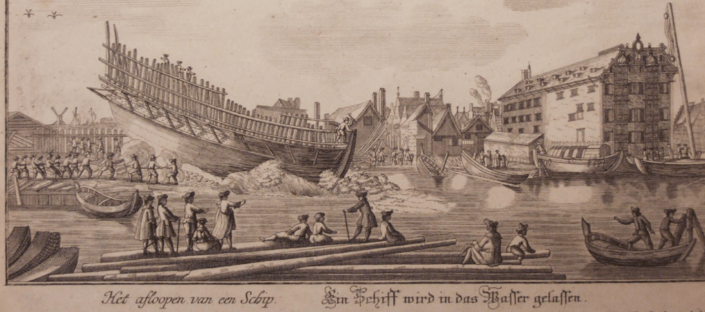 Woodprint of a ship launching
